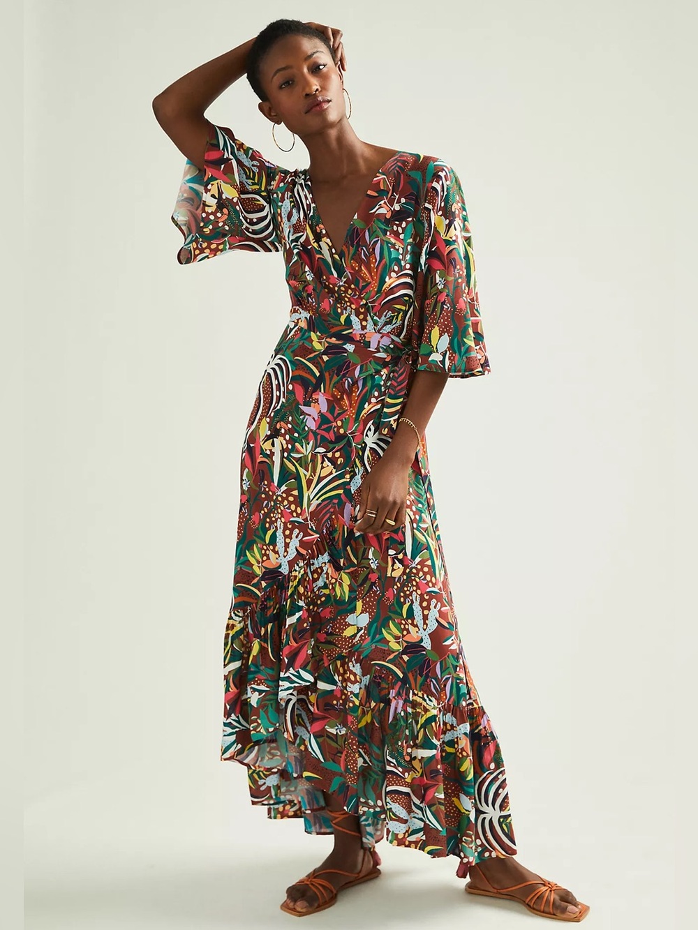 NWT Farm Rio Fiesta Wrap Maxi Dress Boho Ruffle Jungle Animal Red Brown S Small - Picture 2 of 8